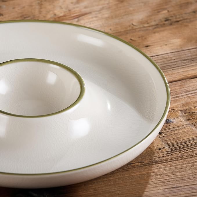 Ceramic Chip & Dip Tray Set: Large 11.5" Serving Platter for Chips & Salsa, Veggies & Dip, Fruits, Snacks, Appetizers Bowl, Entertaining, and Parties