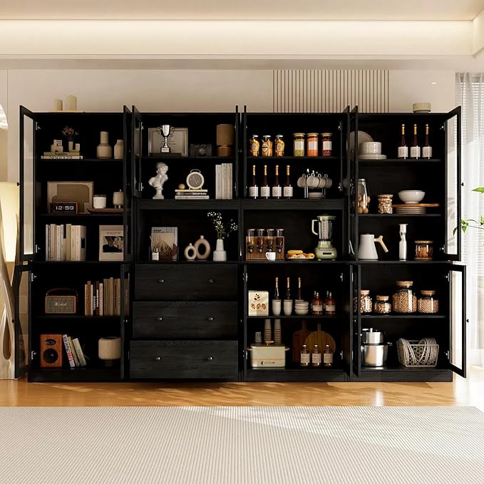 TUSY 71'' Tall Pantry Cabinet, Kitchen Hutch Storage Cabinet, Buffet Hutch Set of 3, China Cabinet with Glass Doors, 5-Tier Storage Cabinets for Dining Room, Living Room (Black)