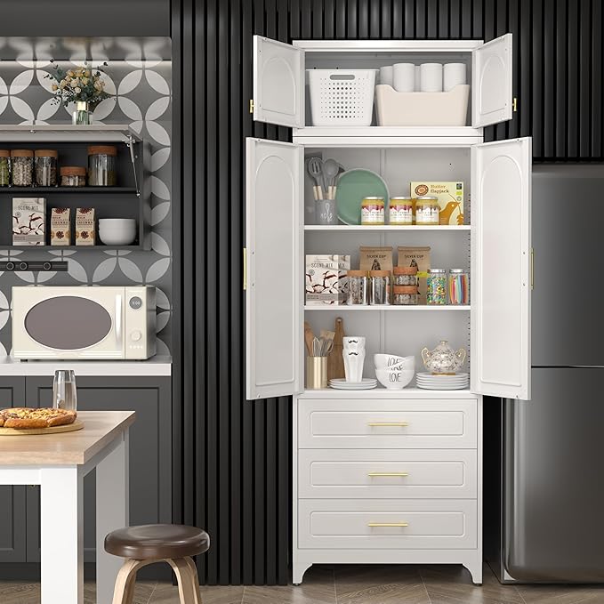 Kitchen Pantry Cabinet竊?0" Storage Cabinets with Doors and Shelves,Metal Pantry Cabinet with 3 Drawers,White Kitchen Cupboard for Livingroom,Pantry, Bathroom