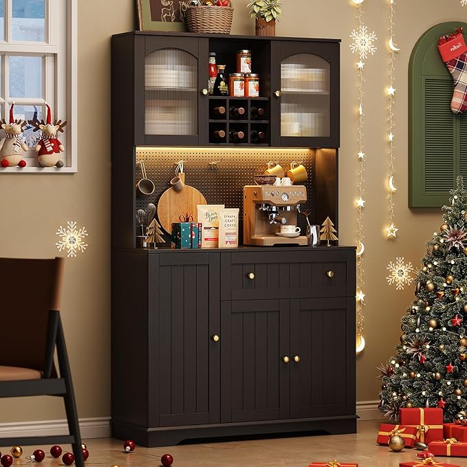 ONBRILL 71" Kitchen Pantry Cabinet with Microwave Shelf & Door Shelves, Kitchen Hutch with Outlet & LED Light, Wood Pantry Storage with DIY Pegboard & 6 Hook, Modern Cabinet with Drawer & Wine Rack