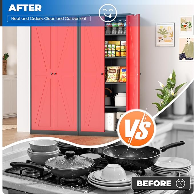 INTERGRAET 63" H Pantry Cabinet, Kitchen Pantry Storage Cabinets with 2 Doors and 4 Shelves, Black Red Metal Storage Cabinet,Cupboard for Home,Kitchen,Living Room/Dining