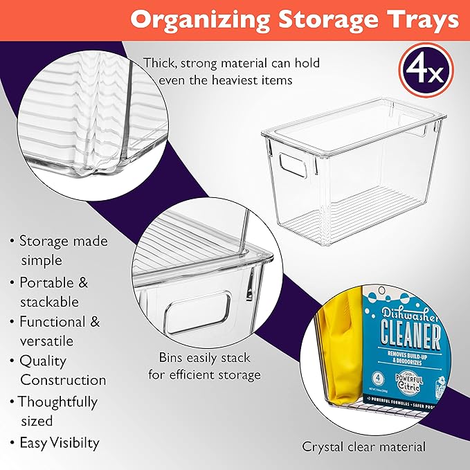 ClearSpace Modern Plastic Storage Bins with Lids ??Perfect Kitchen Organization or Pantry Fridge Organizer, 4 Pack, 12.5" x 6" x 7", 9L Capacity Each, BPA Free, Stackable