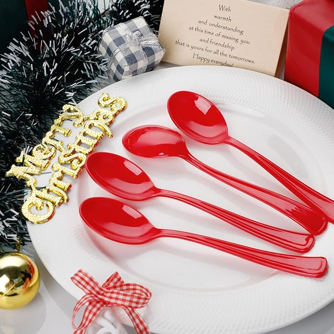 WDF 100 Pack Red Plastic Spoons - 6.9 Inch Heavy Duty Red Disposable Plastic Spoons - Modern Red Disposable Spoons Perfect for Tea Party Birthday Valentine's Day