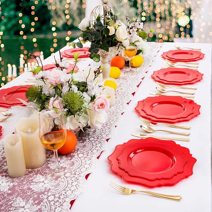 COLOSUS Disposable Plastic Plates 60Pcs, Christmas Red Plastic Party Plates, Heavy Duty 30 Dinner plate 10.5??and 30 Salad/Dessert Plate 8.25??for Christmas party dinner