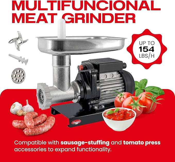 Reber Electric Meat Grinder N.8 450W ??Meat Mincer and Sausage Maker ??Tinned Cast Iron Body, Stainless Steel Knife and Plate ??Induction Motor for Continuous Use ??Made in Italy