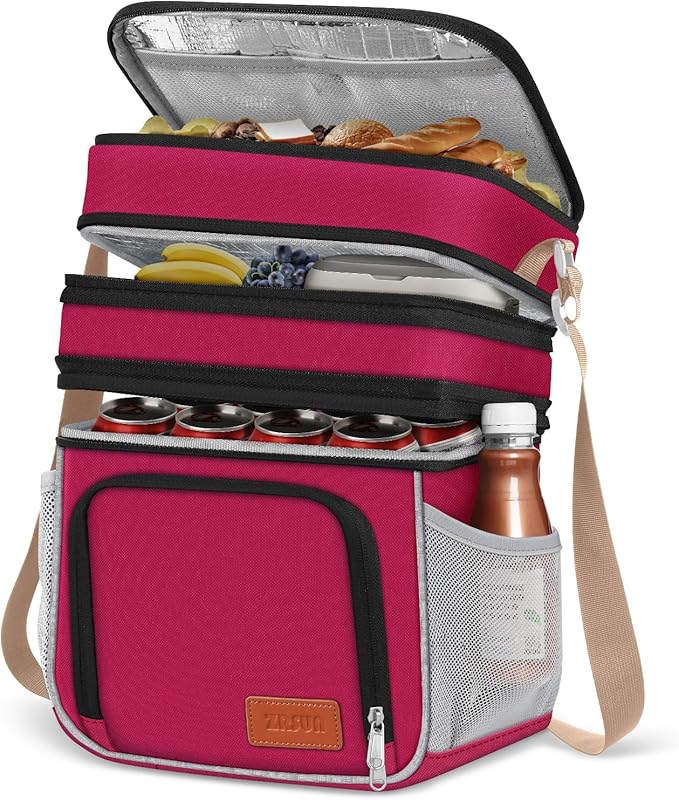 ZRSUN Insulated Lunch Bag for Women Men, Reusable 3 Layers Lunch Box Women, Expandable Reusable Water-resistant Lunch Box for Work Travel Office Picnic Hiking (Red)