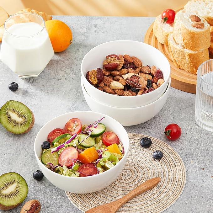 AntoKueh White Ceramic Bowls 6 in, 26Oz round Large Cereal Bowl set of 6, Deep Porcelain Bowls for Cereal, Salad, Noodles, Dishwasher/Microwave safe