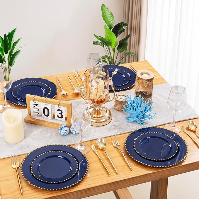EI 60pcs Dark Blue Plastic Plates with Gold Rim Disposable,Blue Plastic Plates Disposable for Party,Heavy Duty Dinner/Dessert Fancy Elegant Plate for Wedding,Birthday,Afternoon Tea