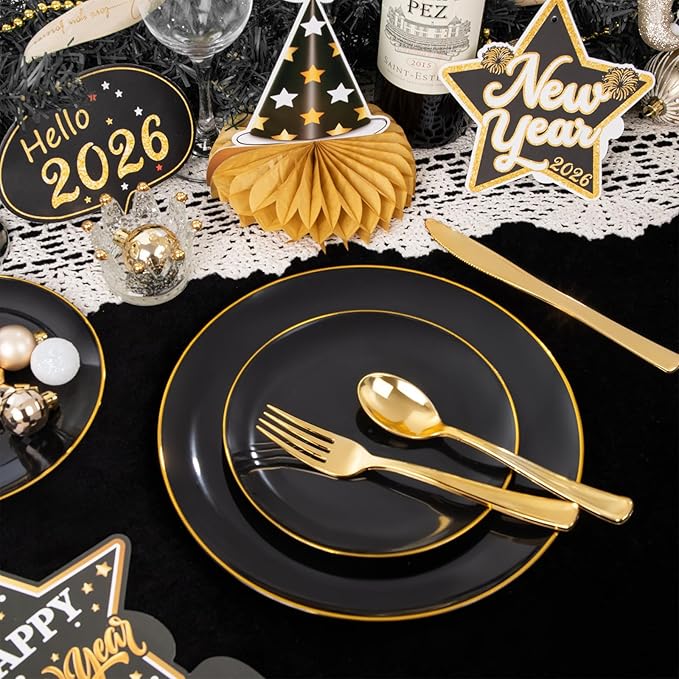 WDF 300PCS Black and Gold Plates - Black Plastic Plates for Party - 50guest Disposable Dinnerware Sets for Party/Wedding/New Year