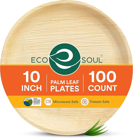 ECO SOUL Palm Leaf Disposable Bamboo Plates 10" Round Compostable & Biodegradable Party Plates for Christmas Dinner, Weddings, Parties & Events 100 Count