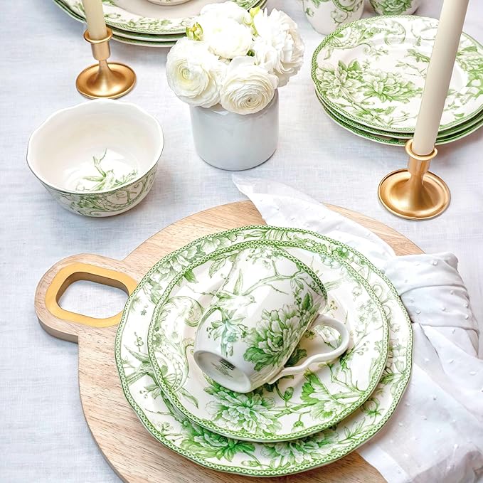 222 Fifth Adelaide Moss 16-Piece Porcelain Dinnerware Set ??Service for 4, Plates, Bowls & Mugs, Hand-Applied Decal, Microwave & Dishwasher Safe, for Everyday Dining & Entertainment