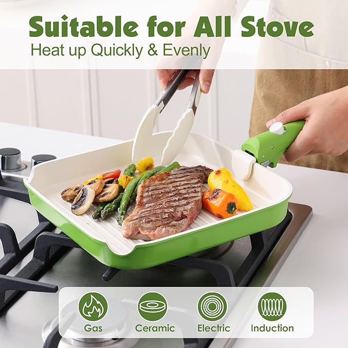 SENSARTE 17 Piece Ceramic Pots and Pans Set, Nonstick Detachable Handle Cookware, Induction Kitchen Cookware Set with Removable Handle, Dishwasher 竊?Oven Safe (Green)