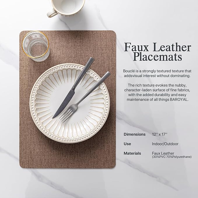 Baroyal Faux Leather Placemats Set of 6 Vinyl Washable Wipeable Table Mats for Kitchen Dining Table Heat Resistant Waterproof Modern Indoor/Outdoor Placemats Non-Slip Easy Clean Place Mats (Cocoa)