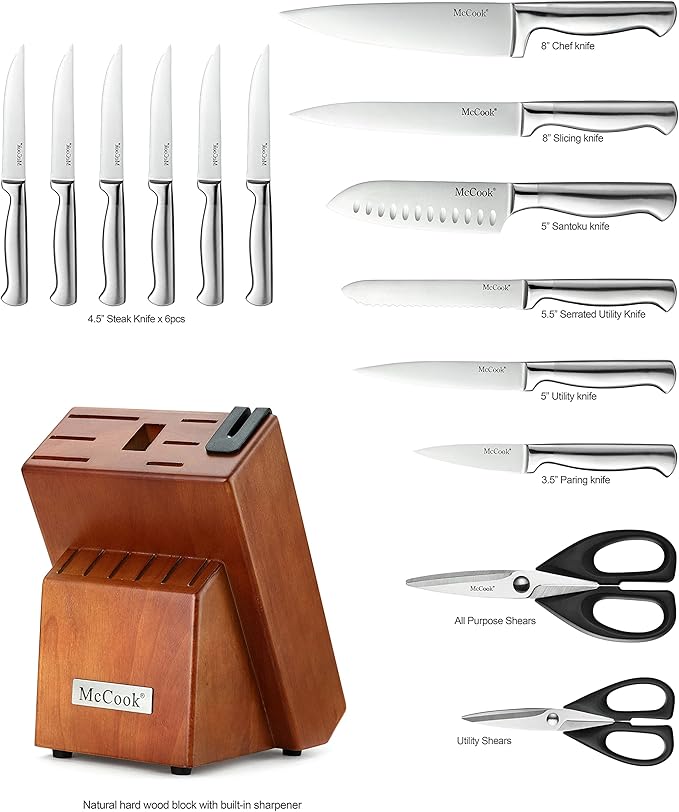 McCook짰 Knife Sets, German Stainless Steel Kitchen Knife Block Sets with Built-in Sharpener
