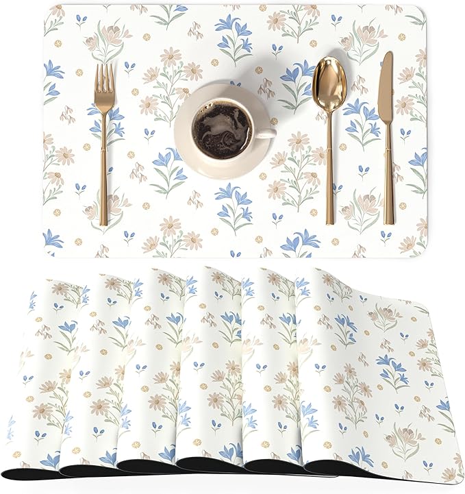 QIYI Placemats Set of 6, 12x18 Inch Faux Leather Place Mats for Kitchen Dinning, Heat Resistant Anti Slip Floral Table Mats, Waterproof Wipeable Washable Placemat Party Table D챕cor, Minimal Flowers