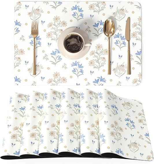 QIYI Placemats Set of 6, 12x18 Inch Faux Leather Place Mats for Kitchen Dinning, Heat Resistant Anti Slip Floral Table Mats, Waterproof Wipeable Washable Placemat Party Table D챕cor, Minimal Flowers