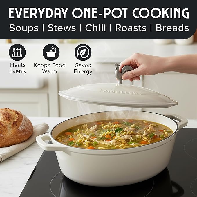 MUELLER HOME 5.5 Quart Enameled Cast Iron Oval Dutch Oven with Rooster Knob & Cotton Potholders, Heavy-Duty Cookware, Oven-Safe up to 500째 F & Across All Cooktops, Gifts for Grandma & Women, White