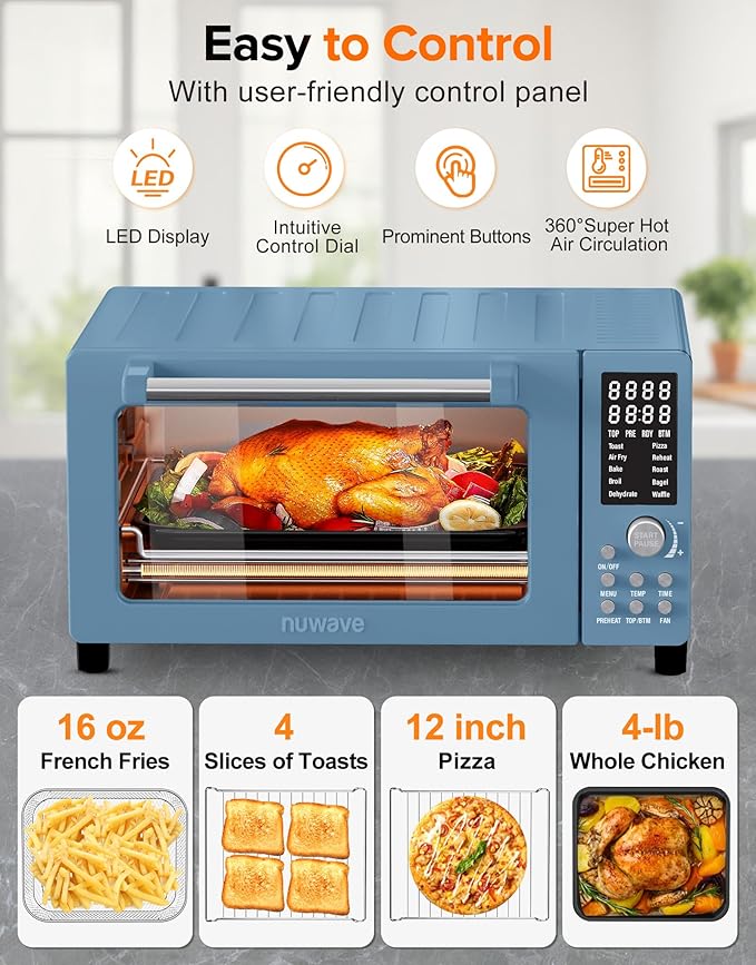 Nuwave Bravo Pro Smart Air Fryer Toaster Oven Combo, Airfryer Convection Oven Countertop, 10-in-1 Functions with Quicker & Even Crisp Technology, 1800W, 50-450째F, PFAS-Free, 21QT, Cozy Blue