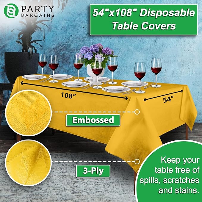 PARTY BARGAINS Disposable Table Covers, 54 x 108 Inch, Yellow, 3-Ply Paper & Plastic Spill-Resistant Party Tablecloths, 1 Pack