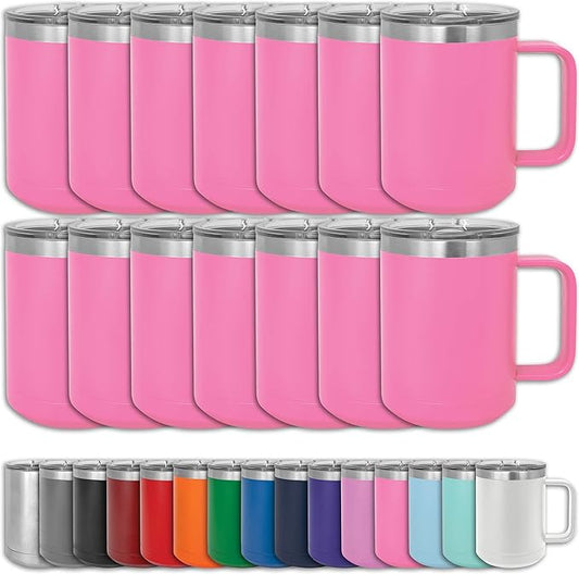 Clear Water Home Goods - (Bulk Pack of 12-15 oz Double Wall Coffee Mug with Lid and Handle, Double Insulated Stainless Steel Travel Tumbler Cup - Powder Coated - Pink