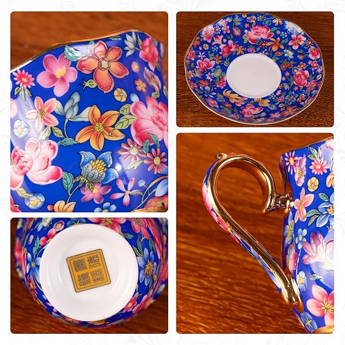 KAMMAK Tea Cups and Saucers Set of 2, Porcelain Coffee Cups with Saucer for Espresso, Cappuccino, 6.3oz Vintage Gold and Blue Ceramic Novelty Mug for Home, Tea Party, Office