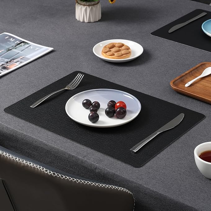 Myir JUN Placemats Dual Sided, Faux Leather Place Mats Set of 4 Indoor Placemats for Dining Table Outdoor Placemats Square Non-Slip Washable Table Mats (Black, Set of 4)