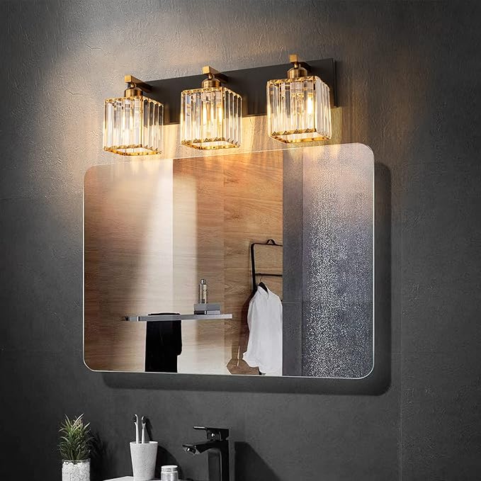 Modern Bathroom Vanity Light 3-Lights Black Gold Crystal Bathroom Wall Light Vanity Light Fixturesï¼?0.47-inch Modern Minimalist Design