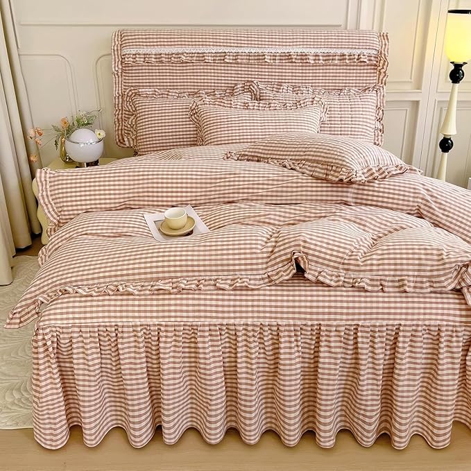LifeTB Pink Gingham Comforter Set Full Ruffle Pink Plaid Comforter Set 3 Pieces Grid Checkered Pattern Comforter with 2 Pillowcases Fluffy Boho Farmhouse Gingham Bedding Comforter for All Seasons