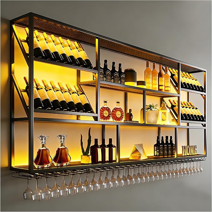 3 Tier Large Wine Rack Wall Mounted, Modern Industrial Liquor Bottle Display Shelves, Metal Bar Shelf with Wine Glass Rack, Black, for Home Kitchen, Dining and Bar