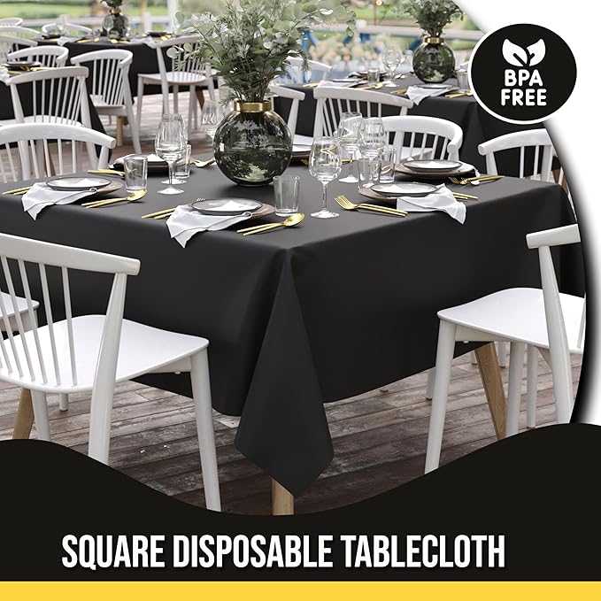 Party Solids 12-Pack Black Square Plastic Disposable Tablecloth ??Size: 70 횞 70 Inches ??Square Table Cover for Parties, Picnics & Formal Events