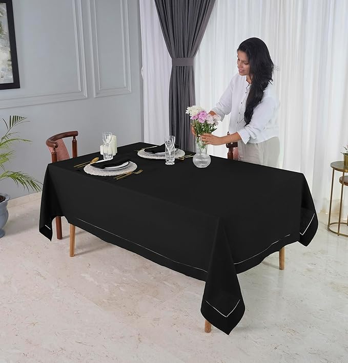 D'Moksha Homes Black Linen Tablecloth 54 x 72 Inch - 100% Pure Linen Black Table Cloth for Rectangle Tables - Classic Hemstitch, Machine Washable Tablecloth for Spring, Easter