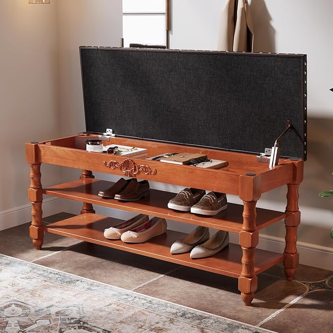 TRIBEWOOD 39-inch End of Bed Bench, Faux Leather Tufted Storage Bench with Lift Top Seat and 2 Tier Storage Shelves, Bedroom Bench Footrest Stool with Hidden Storage and Wood Leg, Vintage Style