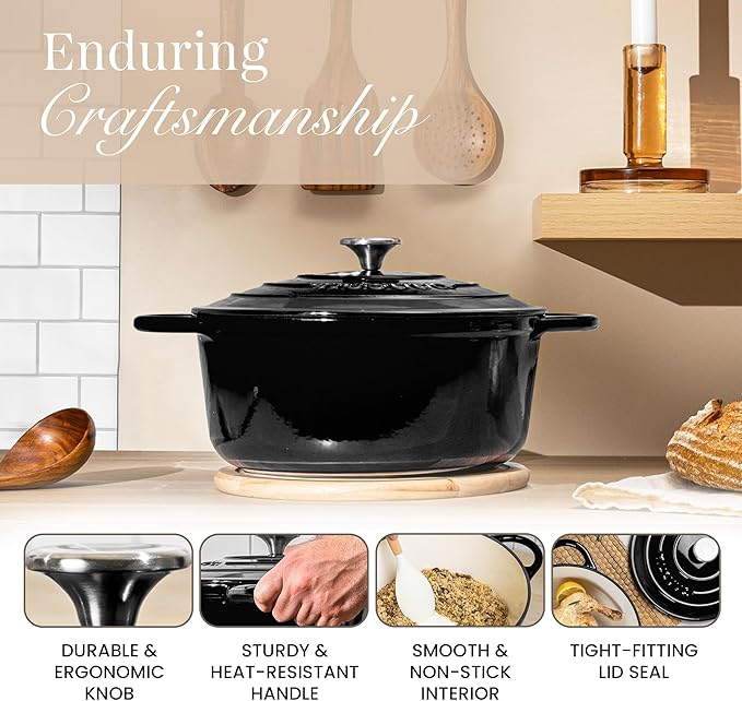 Nuovva Enamelled Cast Iron Dutch Oven Pot with Lid ??6.4 Quart Non Stick Casserole Pot ??Heavy Duty & Oven Safe up to 500째 F for Bread Baking, Braising, Stews, Roasting ??28cm Black