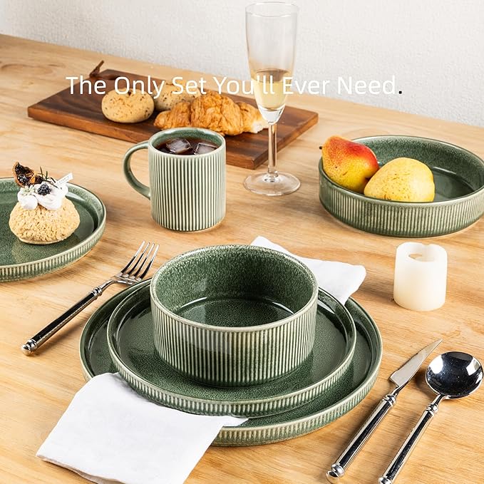 GBHOME Stoneware Dinnerware Sets for 6,Round Reactive Glaze Ceramic Plates and Bowls Set,Highly Scratch Resistant| Dishwasher & Microwave Safe Dishes Set,Service for 6(18Pcs),Dark Green