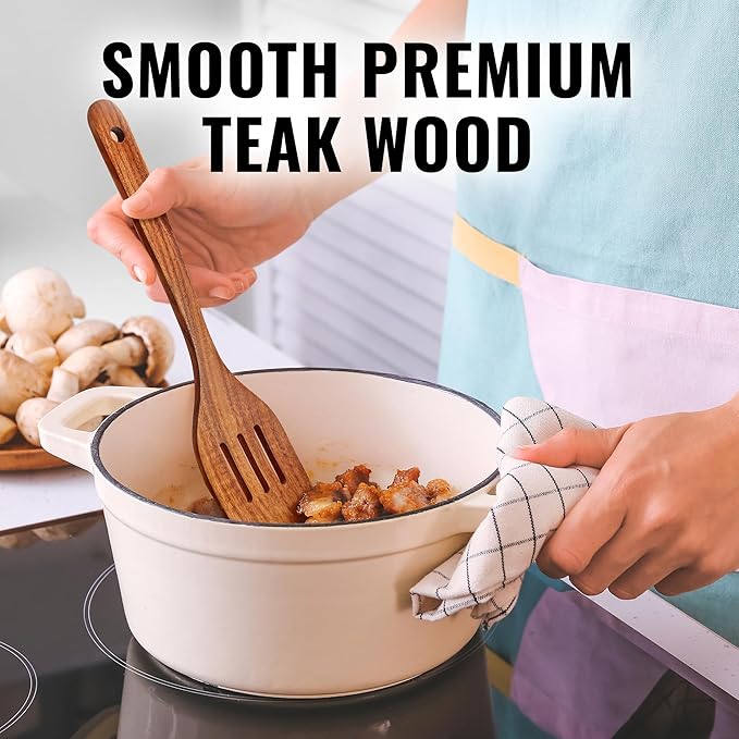 Zulay Kitchen Teak Wood Slotted Spatula ??Durable & Heat-Resistant Cooking Utensil for Non-Stick Pans ??Wooden Turner for Stirring, Flipping & Serving - Brown