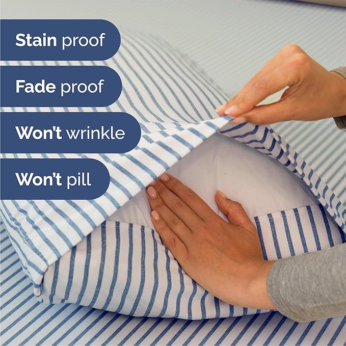 Queen 6 Piece Sheet Set - Cooling & Breathable Bed Sheets - Hotel Luxury Bed Sheets for Women, Men, Kids & Teens - Bedding w/Deep Pockets & Easy Fit - Soft & Wrinkle Free - Queen Blue Stripes Sheets