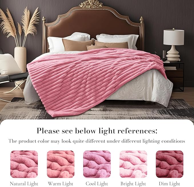 Am챕lie Home Faux Fur Throw Blanket for Couch, Cozy Fuzzy Fluffy Fur Luxurious Soft Striped Plush Gift Blankets for Family Sofa Chair Bedroom, 55"x70", Pink