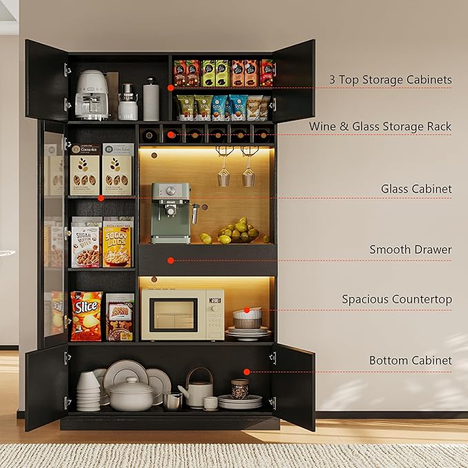 iPormis 69" Tall Kitchen Pantry Storage Cabinet with LED Light & Outlet, Kitchen Hutch with Microwave Stand & Wine Rack & Glass Door & Adjustable Shelf, Coffee Bar Hutch with Countertop, Black