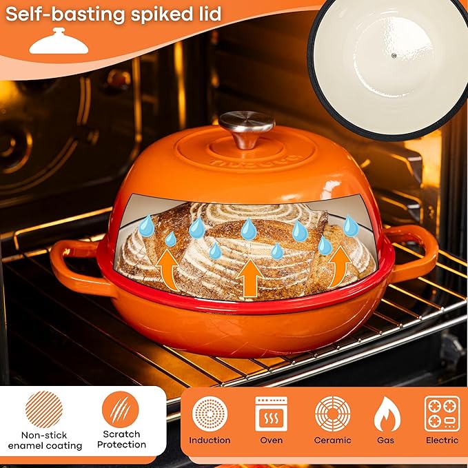 Enamelled Cast Iron Dutch Oven Pot ??Dutch Oven For Sourdough Bread Baking ??Cast Iron Bread Pot ??Orange, 6 Quarts, 26cm ??by Nuovva