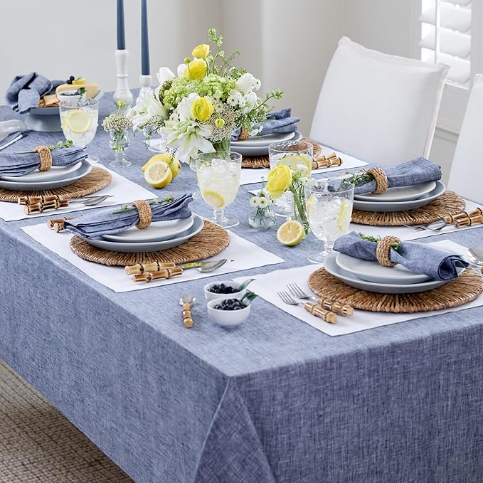 Solino Home Linen Tablecloth 60 x 120 Inch - 100% Pure Linen Chambray Indigo Table Cloth for Rectangle Tables - Athena, Machine Washable Tablecloth for Spring, Easter