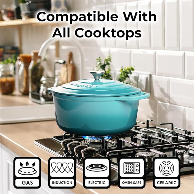 Zulay Kitchen 7.7 Quart Enameled Cast Iron Dutch Oven Pot with Lid ??Premium Durability & Oven Safe up to 500째F ??Heavy Duty Cookware Perfect for Bread Baking, Stews, Braising & Roasting ??Light Blue