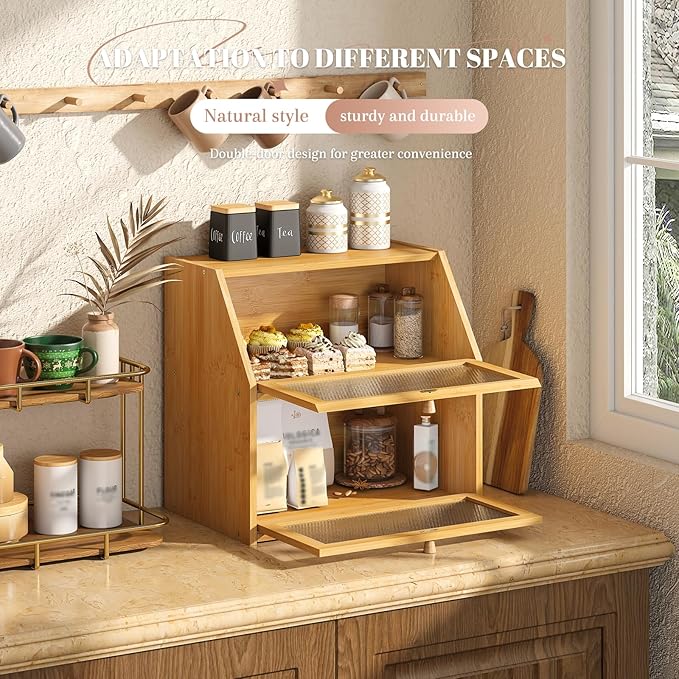 Bread Box for Kitchen Countertop Bin Double Layer Bread Box Storage Container Extra Large Capacity with Diamond Pattern Windows (Natural, Extra Large)