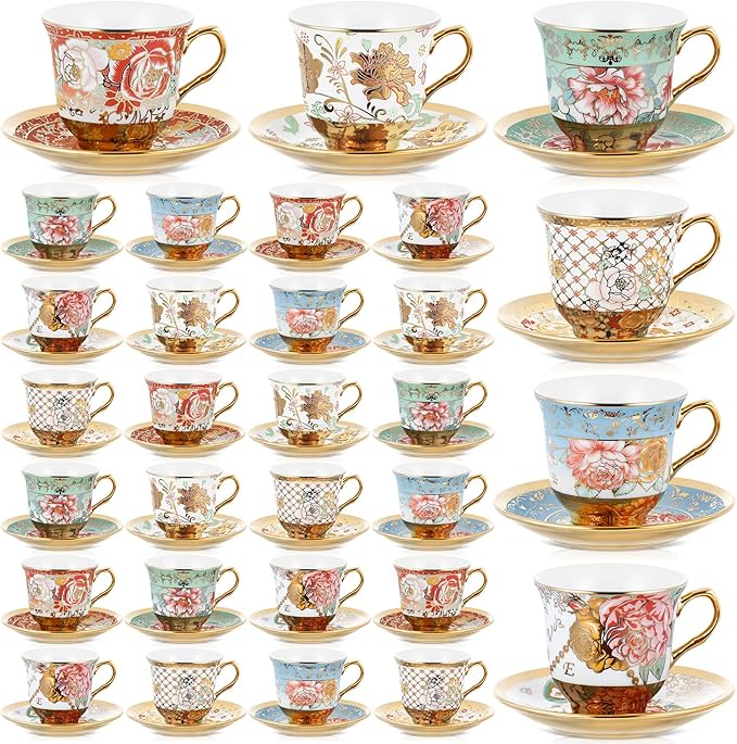 Set of 36 Tea Cups and Saucers Tea Party Decorations Floral Porcelain 5.4 oz British Gift for Women Birthday Party, Church, and Mother's Day (Stylish Style)