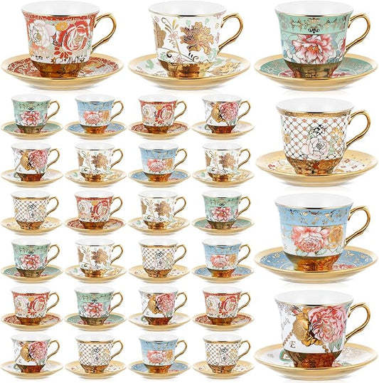Set of 36 Tea Cups and Saucers Tea Party Decorations Floral Porcelain 5.4 oz British Gift for Women Birthday Party, Church, and Mother's Day (Stylish Style)