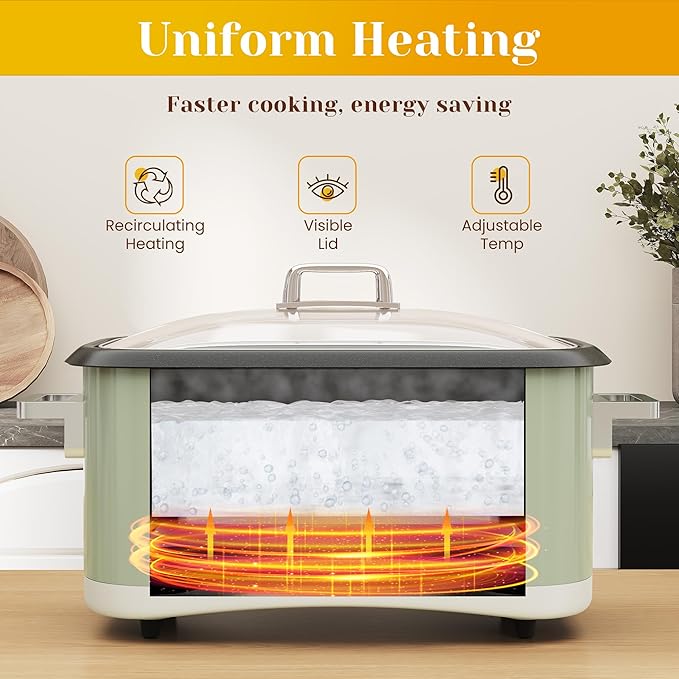 Sunvivi 8 Quart Slow Cooker Roaster Oven, 12 in 1 Programmable Multi-Cooker Food Warmer with Digital Timer, Temp Control, Removable Cast Aluminum Pot & Dishwasher-Safe Tempered Glass Lid, Green