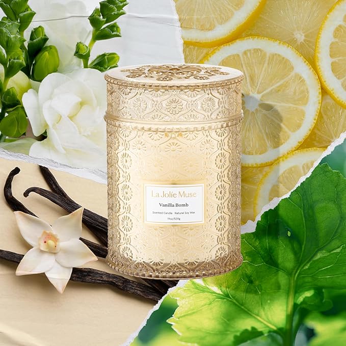 LA JOLIE MUSE Vanilla Bomb Candle| Vanilla, Lemon Zest & Patchouli |19 oz Large Wooden Wick | Natural Soy Wax | 90 Hours Clean Burn | Gift-Ready for Hosts | Seasonal Home D챕cor