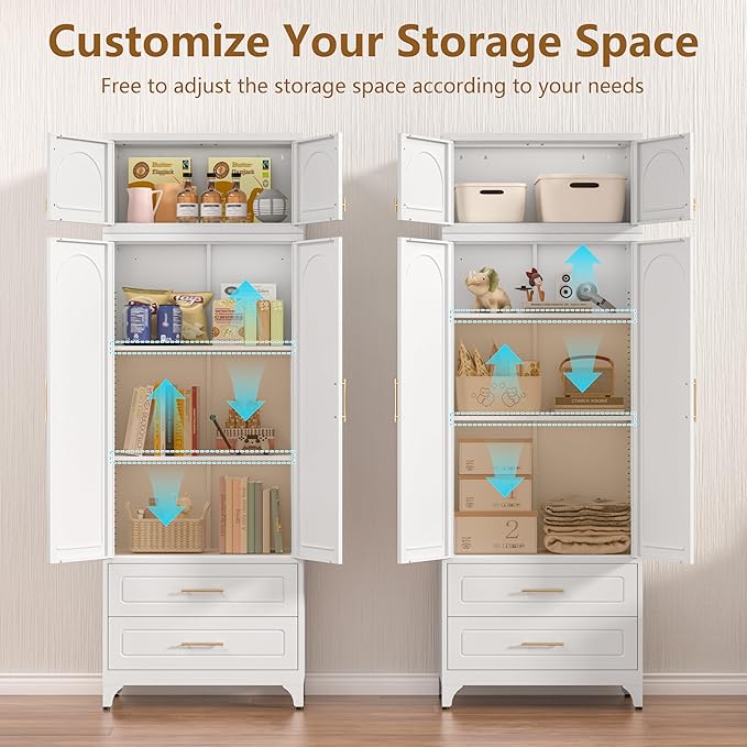 Kitchen Pantry Cabinet with 2 Drawers, 90" Tall Metal Storage Cabinets with Doors and Shelves, Food Cupboards for Dining, Living Room, 16" D x 32" W x 90" H, White, Assembly Required