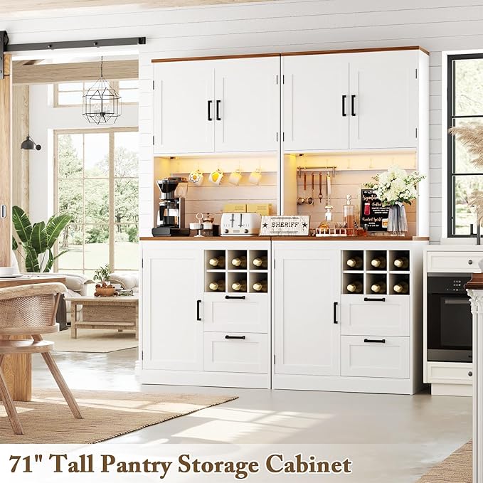 Unikito 72" Tall Pantry Cabinet, Kitchen Pantry Storage Cabinet with LED Light & Outlet, 63" Wide Kitchen Hutch Bar with Microwave Stand, Drawers, Wine Rack & Shelves, Cupboard for Dining Room, White