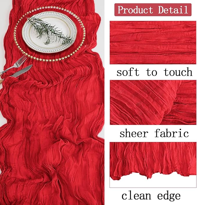 4 Pack Red Cheesecloth Table Runner 20 x 120 inch Gauze Table Runners 10 FT Long,Semi Sheer Boho Cheese Cloth Fabric Table Runner Bulk for Party,Wedding,Baby Shower,Bridal Shower Decoration