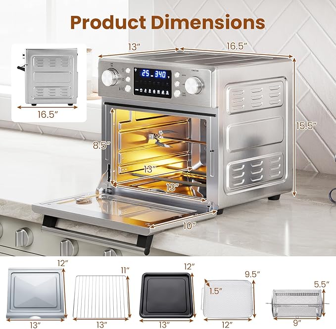 COSTWAY 14-in-1 Air Fryer Toaster Oven Combo, 1700W Dual Cook & 26 QT Large Capacity Stainless Steel Countertop Convection Oven with Bake, Rotisserie, Dehydrate & Defrost, LED Display, 7 Accessories